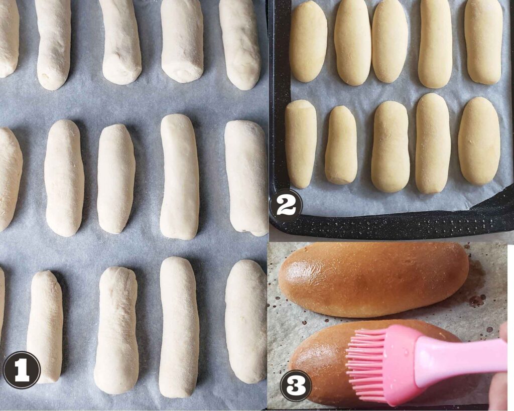 images showing the proofing and baking of sourdough hot dog buns