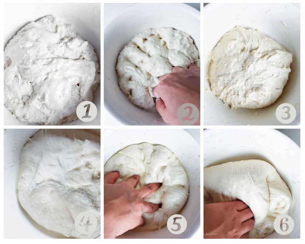 collage of images showing combining starter and salt in the dough