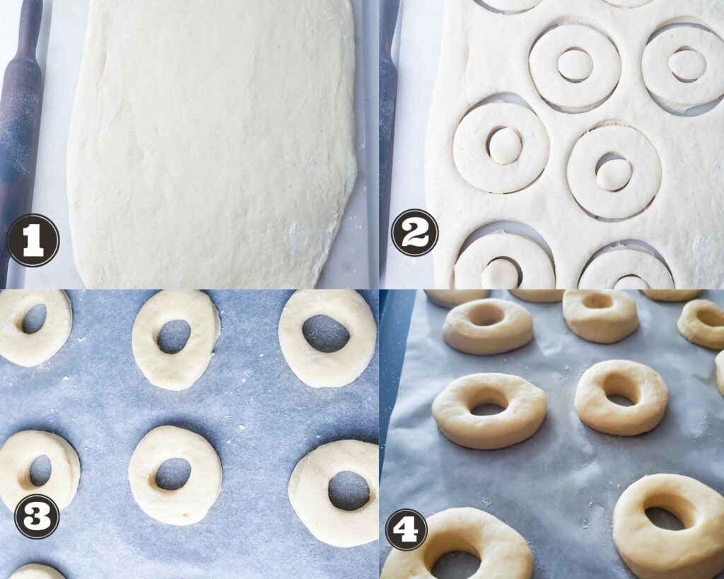 images showing rolling the dough and cutting the donuts