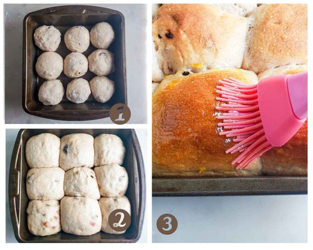 images showing baking and glazing of hot cross buns