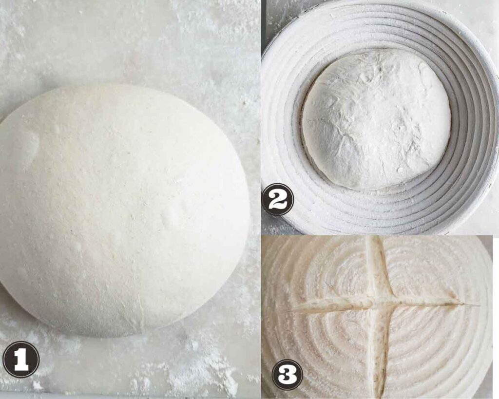 images showing a shapined sourdough boule in a proofing basket and then, scoring it after