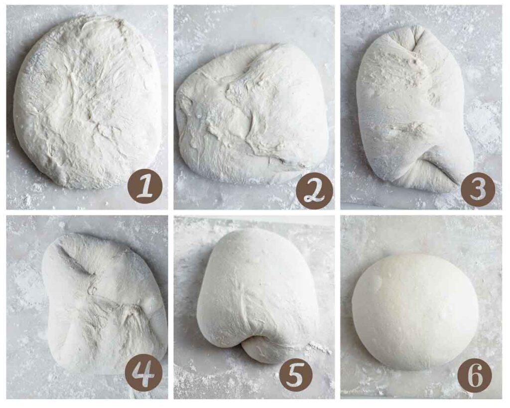 collage of the images showing the process of shaping a sourdough boule