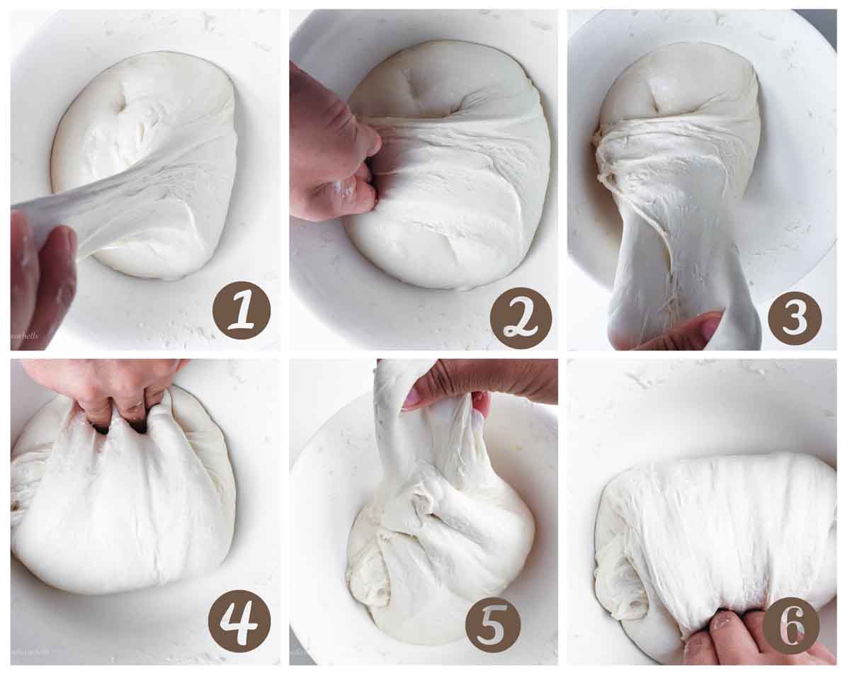 collage of 6 images showing the process of stretching and folding