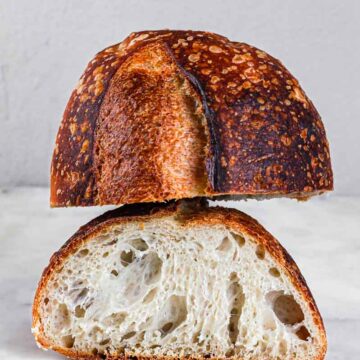 sliced sourdough bâtard showing open crumbs