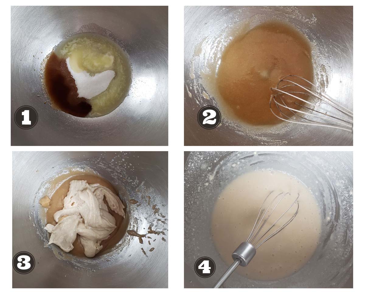 images showing steps of combining wet ingredients