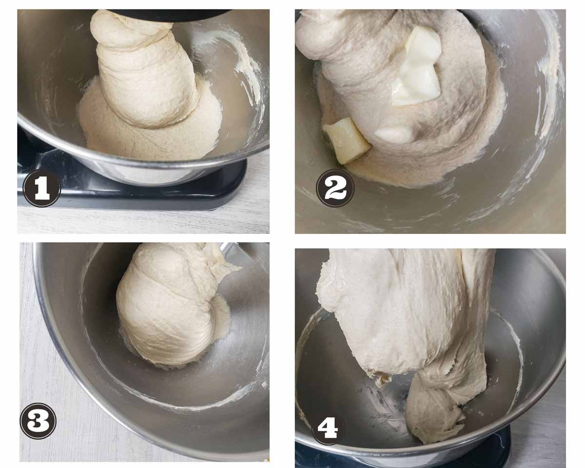 images showing various stages of kneading the dough for making the sourdough rolls