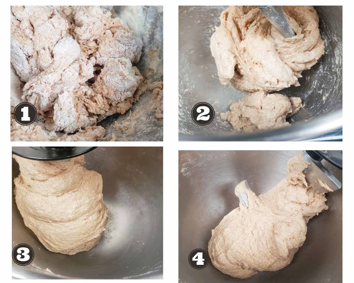 images hsowing stages of kneading the bread in a stand mixer