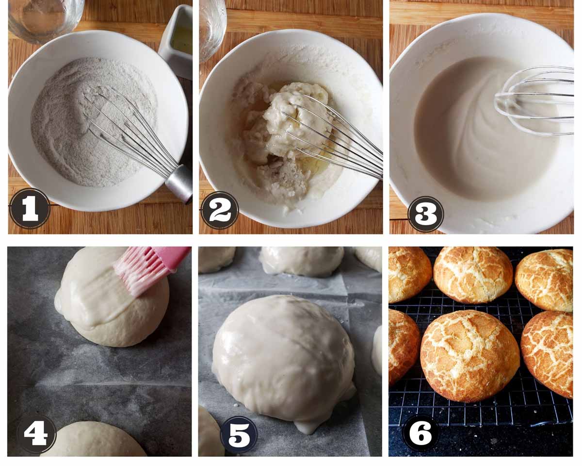 Images showing steps involved in making the rice paste and painting the top of the tiger rolls with it