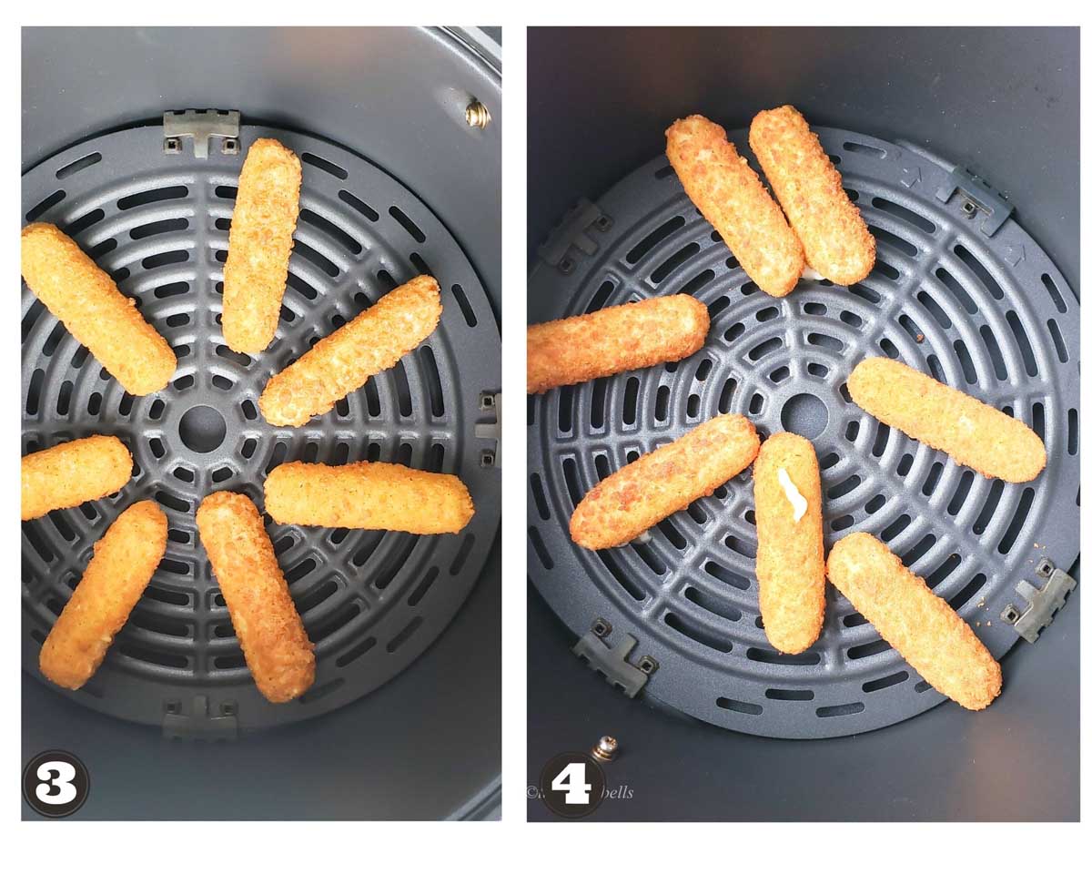 images of step by step instructions of air frying mozzarella cheese sticks