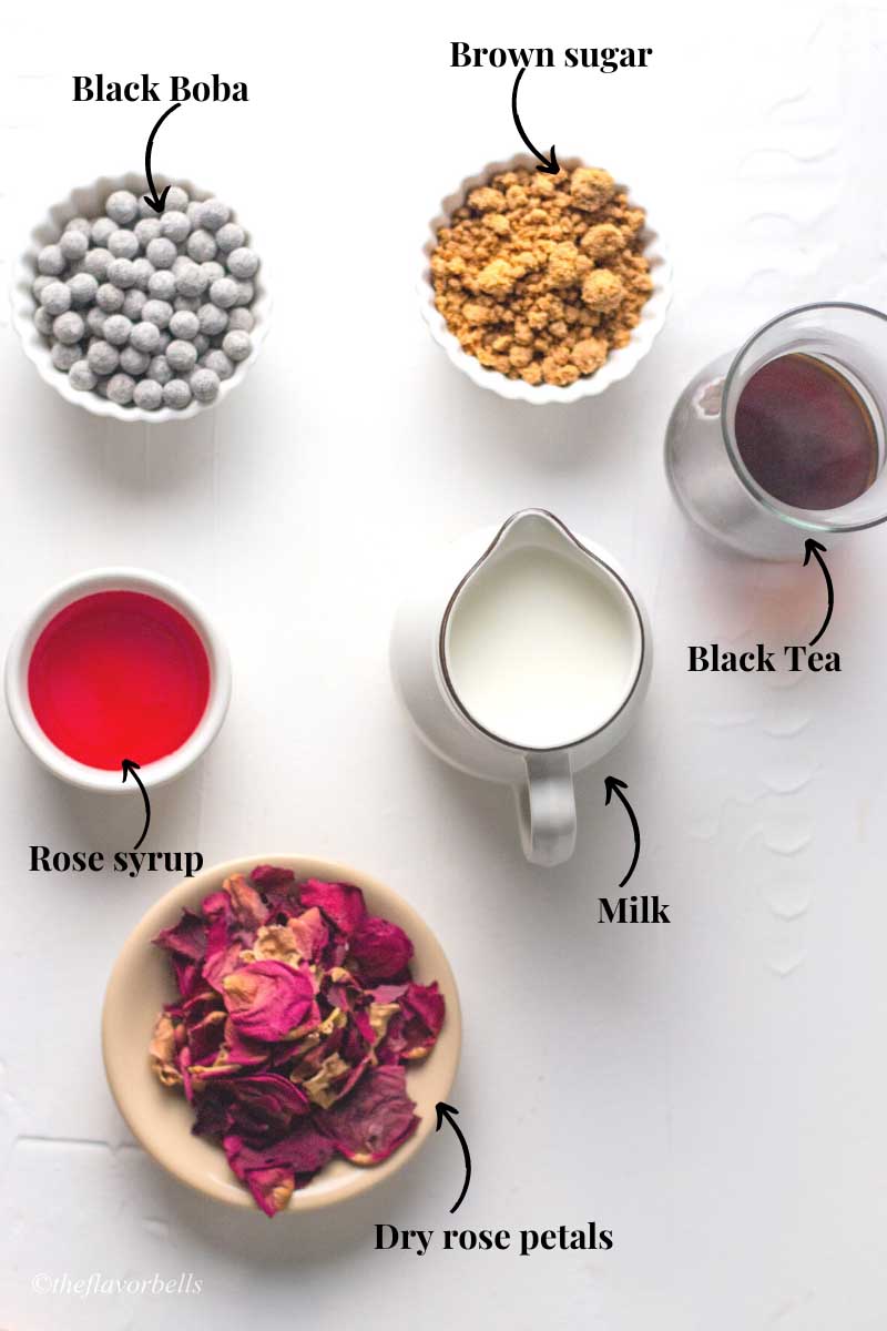 ingredients for making rose milk tea