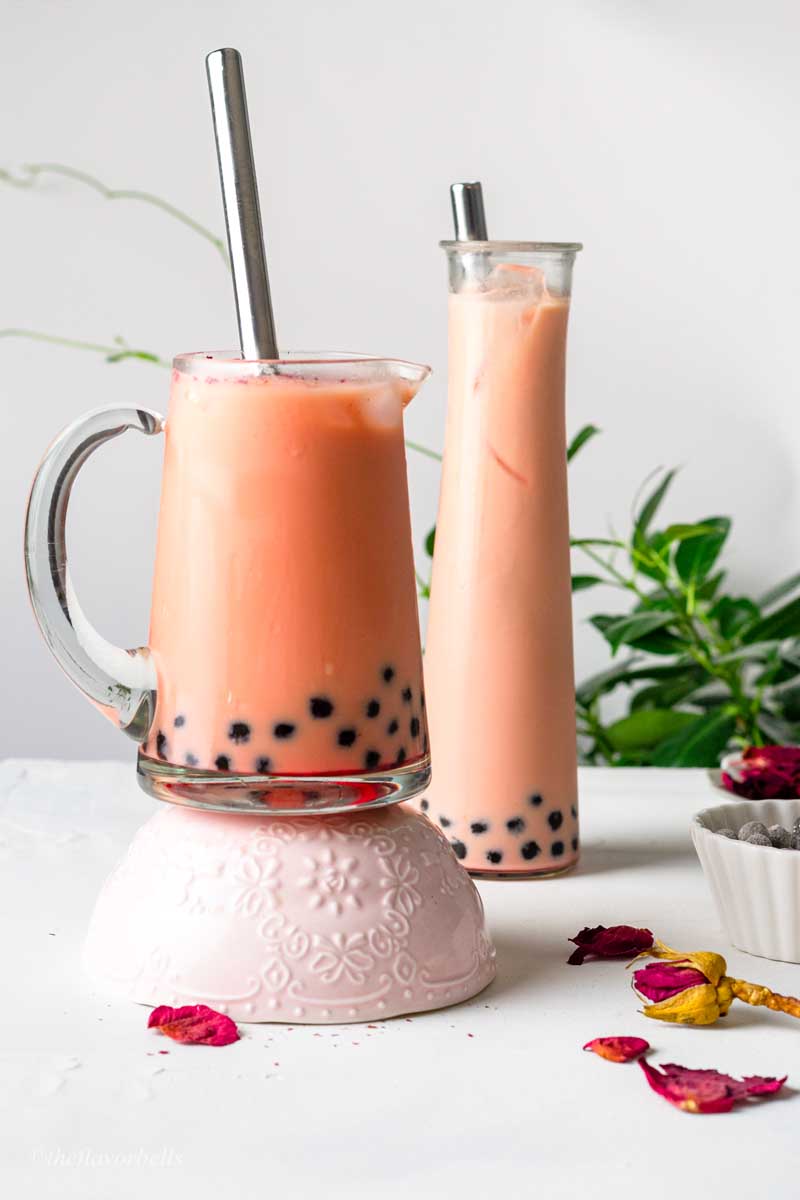 rose boba served in two glasses