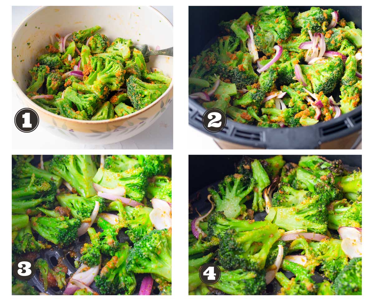 step by step images showing process of air frying frozen broccoli