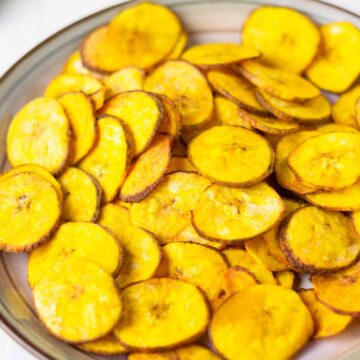 air fried plantain chips colored with turmeric