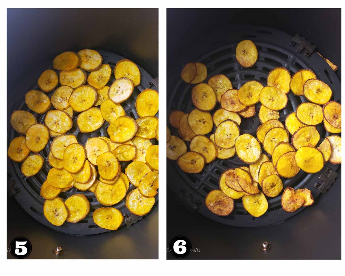 step by step images of air frying plantain chips