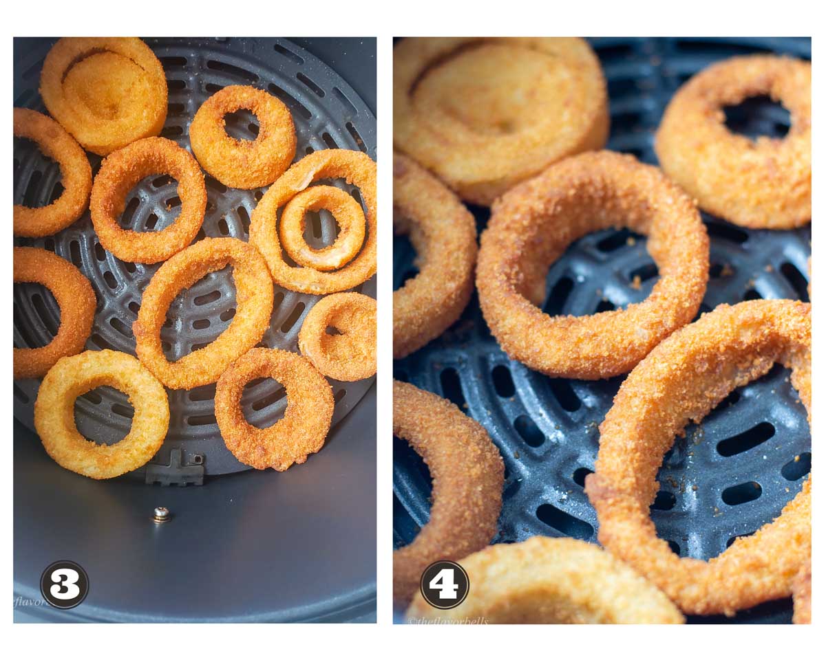 images of frozen onion rings cooking in air fryer basket