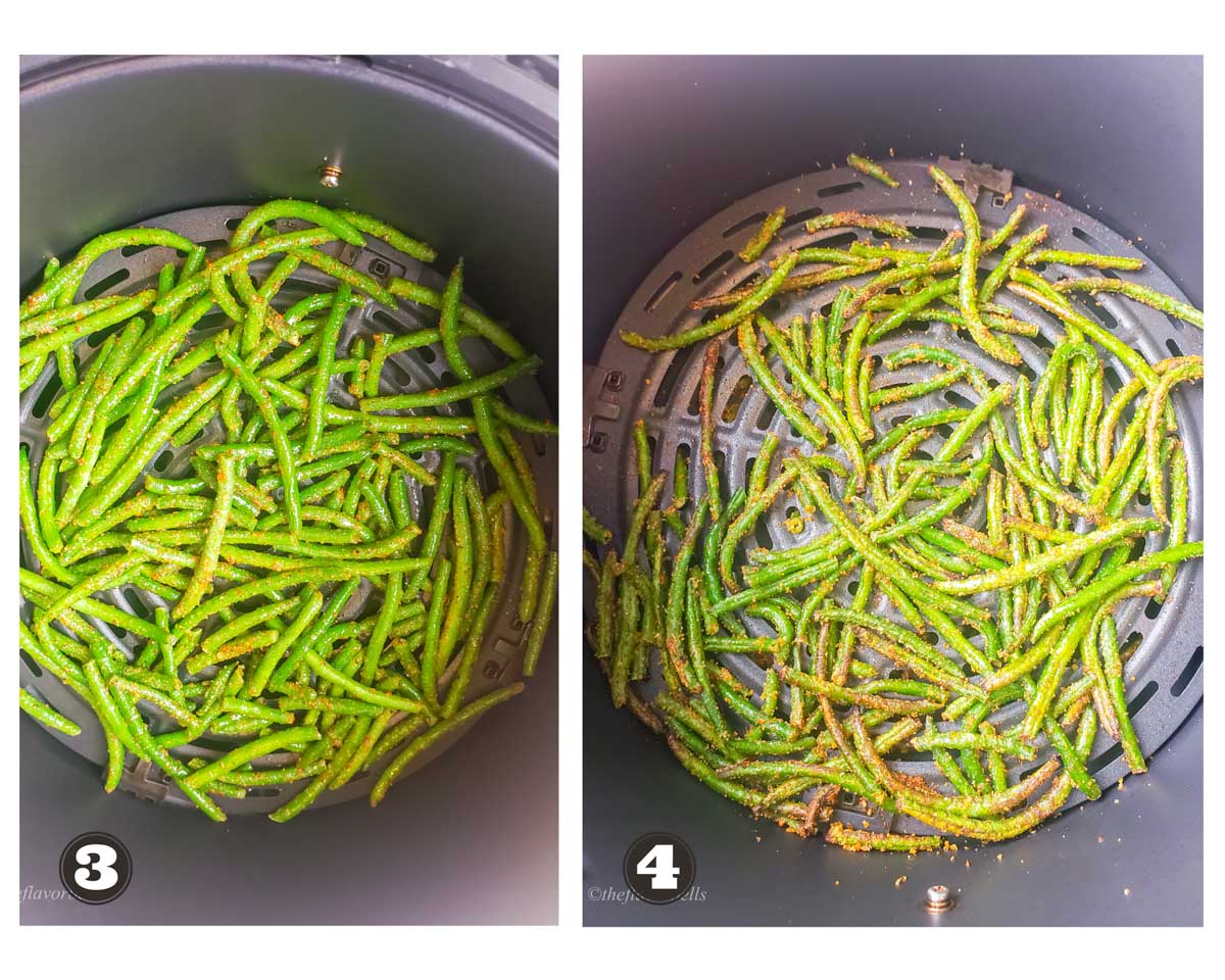 two images showing stages of making air fryer frozen green beans in air fryer