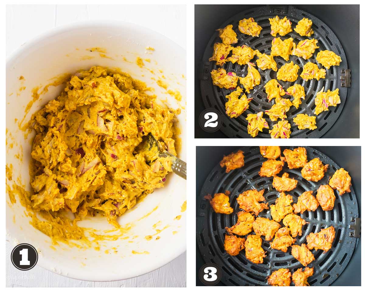 images showing steps involved in making pakoras in an air fryer