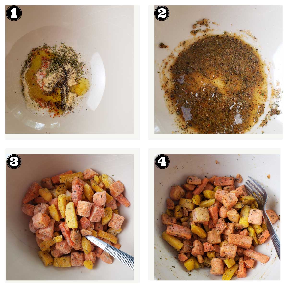 images showing stages involved in coating the sweet potato chunks in spices