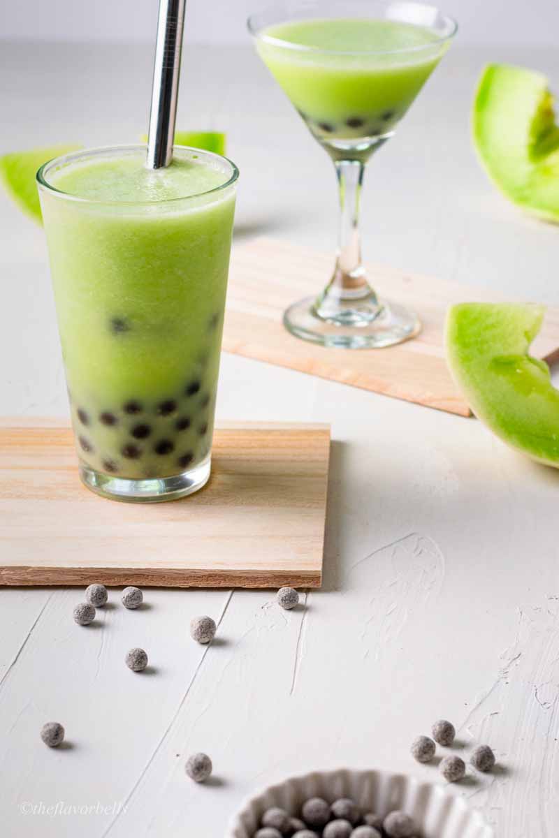 freshly made honeydew boba served in two glasses