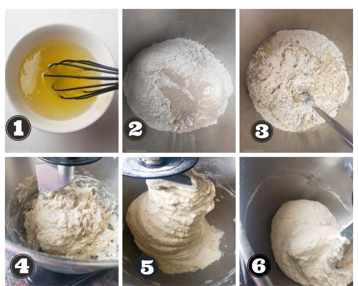 collage of images showing stages of kneading the dough