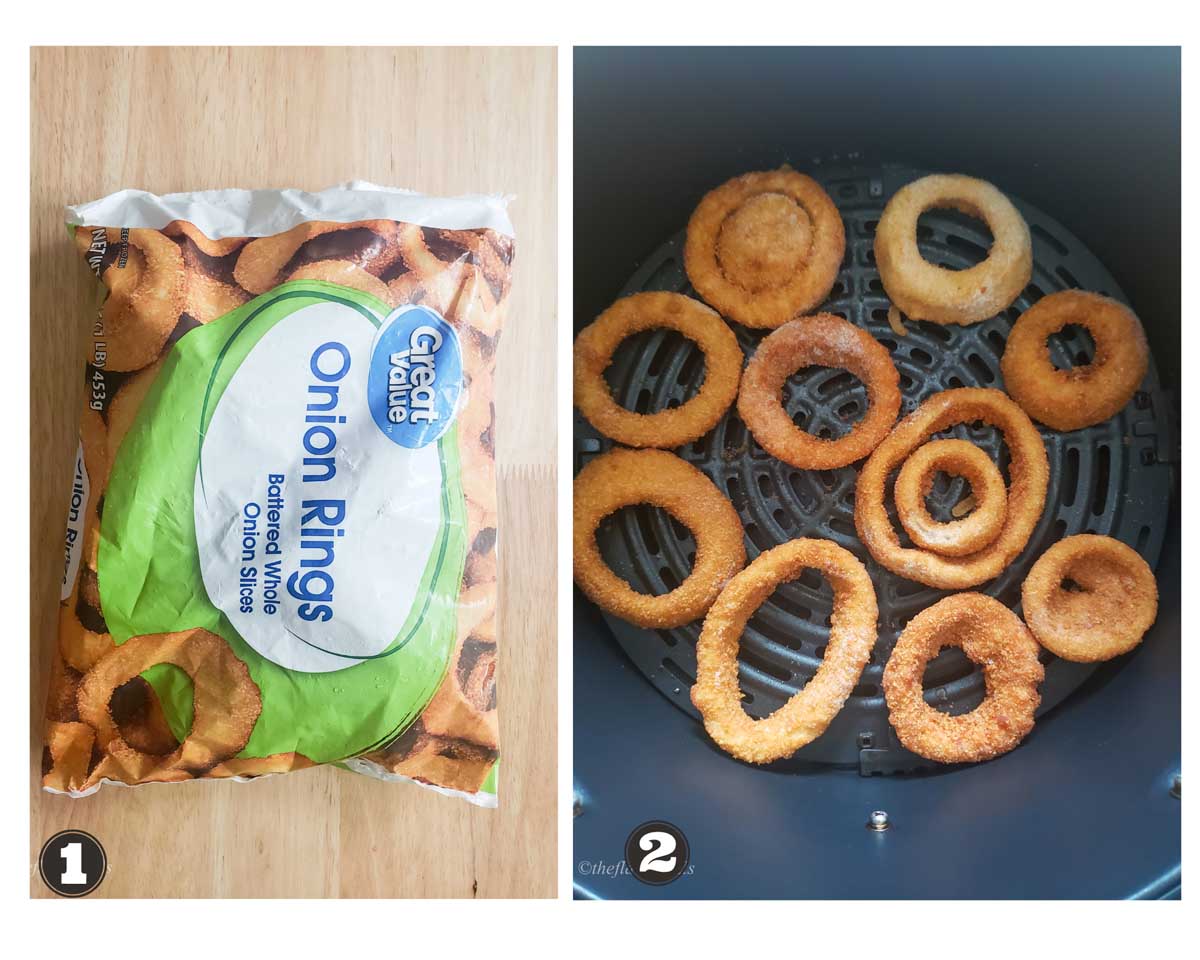 Images showing steps involved in cooking frozen onion rings in air fryer