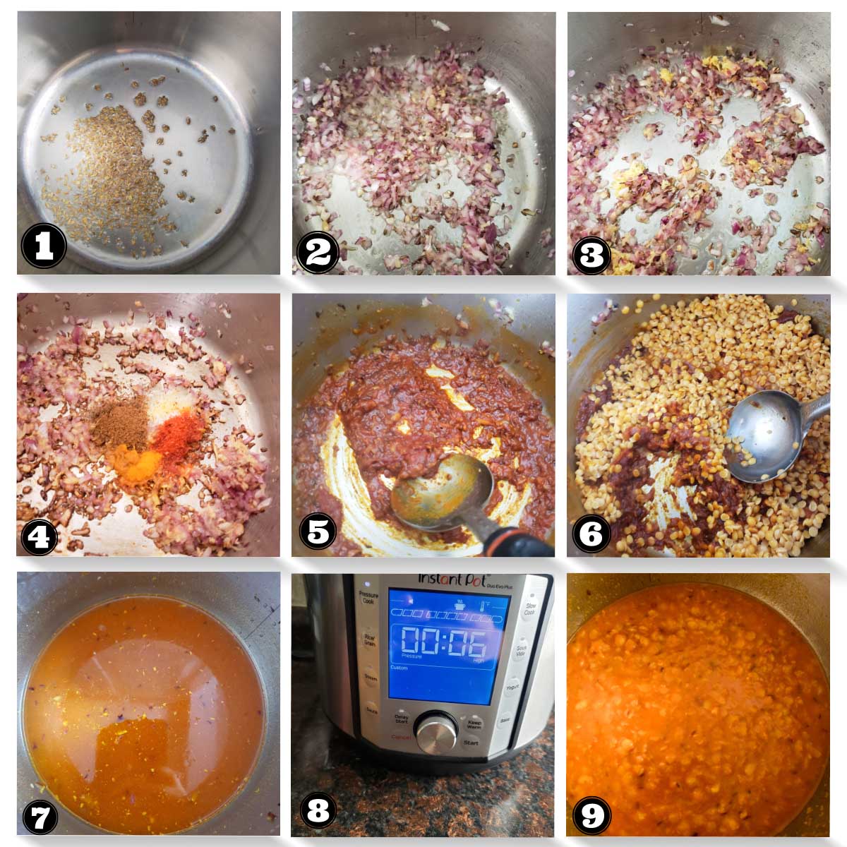 collage of 9 images showing process of making toor dal in an instant pot