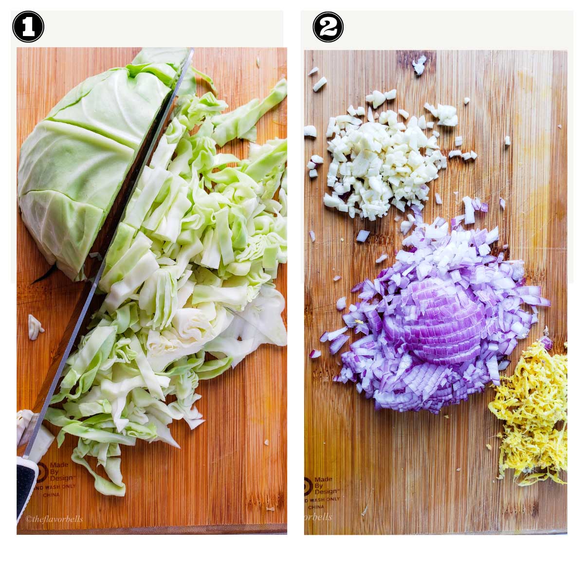 Images showing preparations like chopping onions, cabbage etc