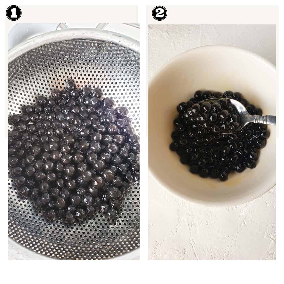 images showing cooked boba dunked in brown sugar syrup