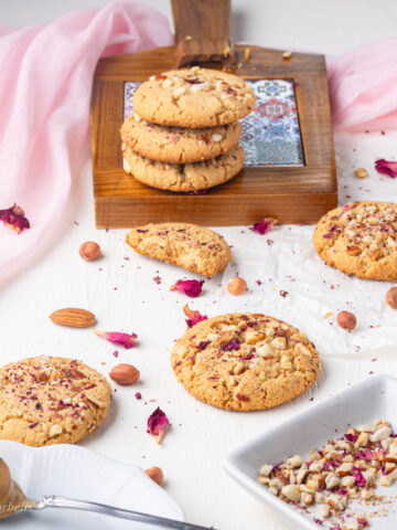 6 almond flour peanut butter cookies with roasted peanuts and almonds