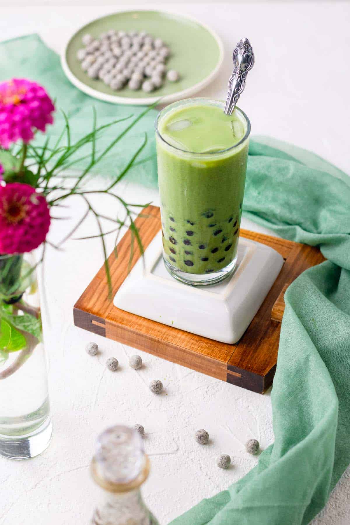 homemade green tea boba with tapioca pearls