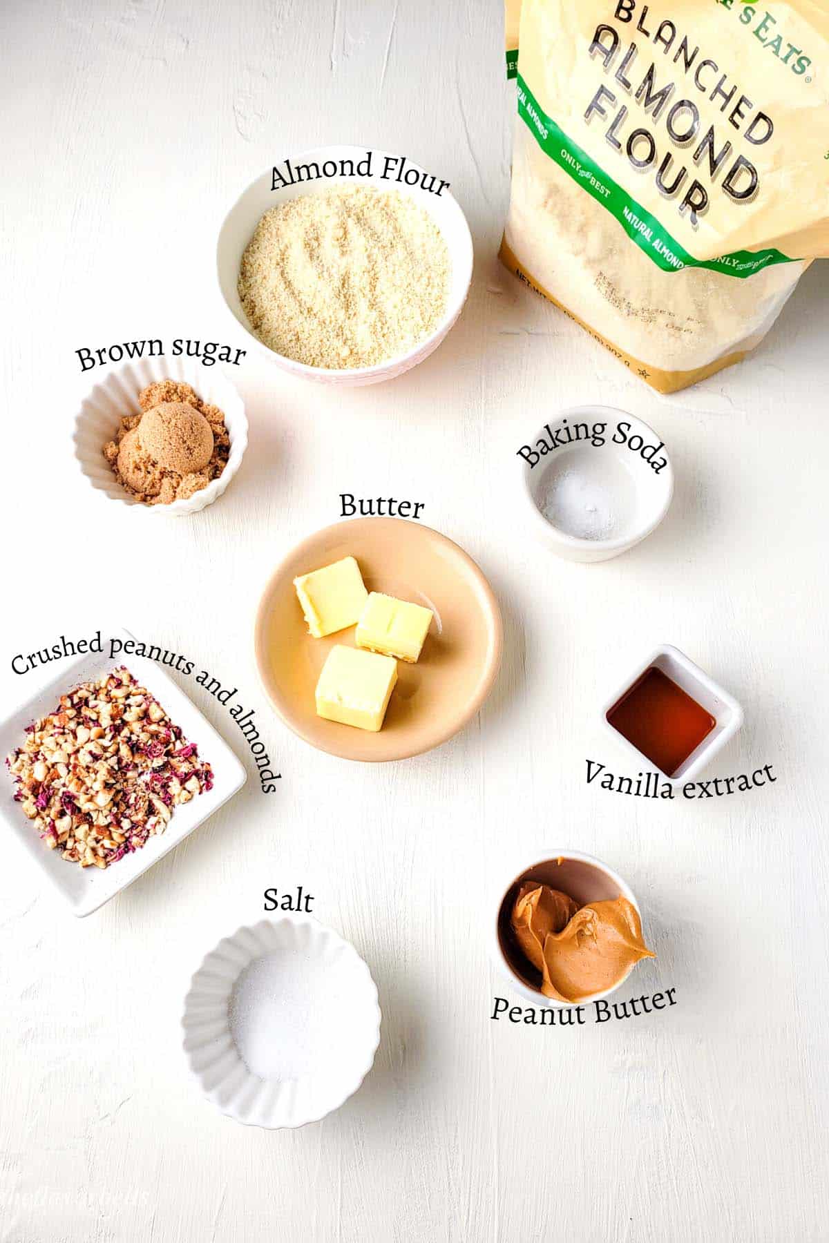 all the ingredients required for making almond flour peanut butter cookies