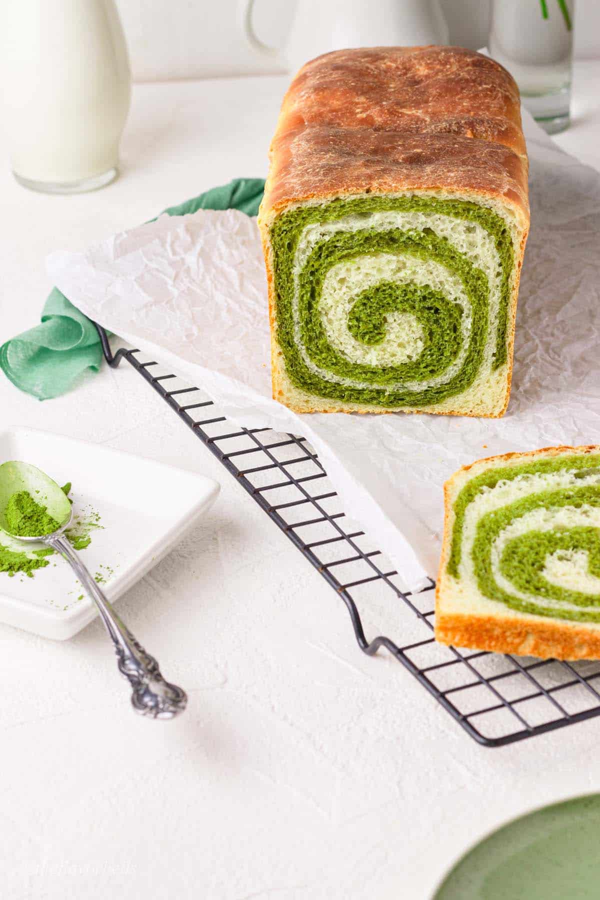 image of matcha swirl bread cut with bread knife