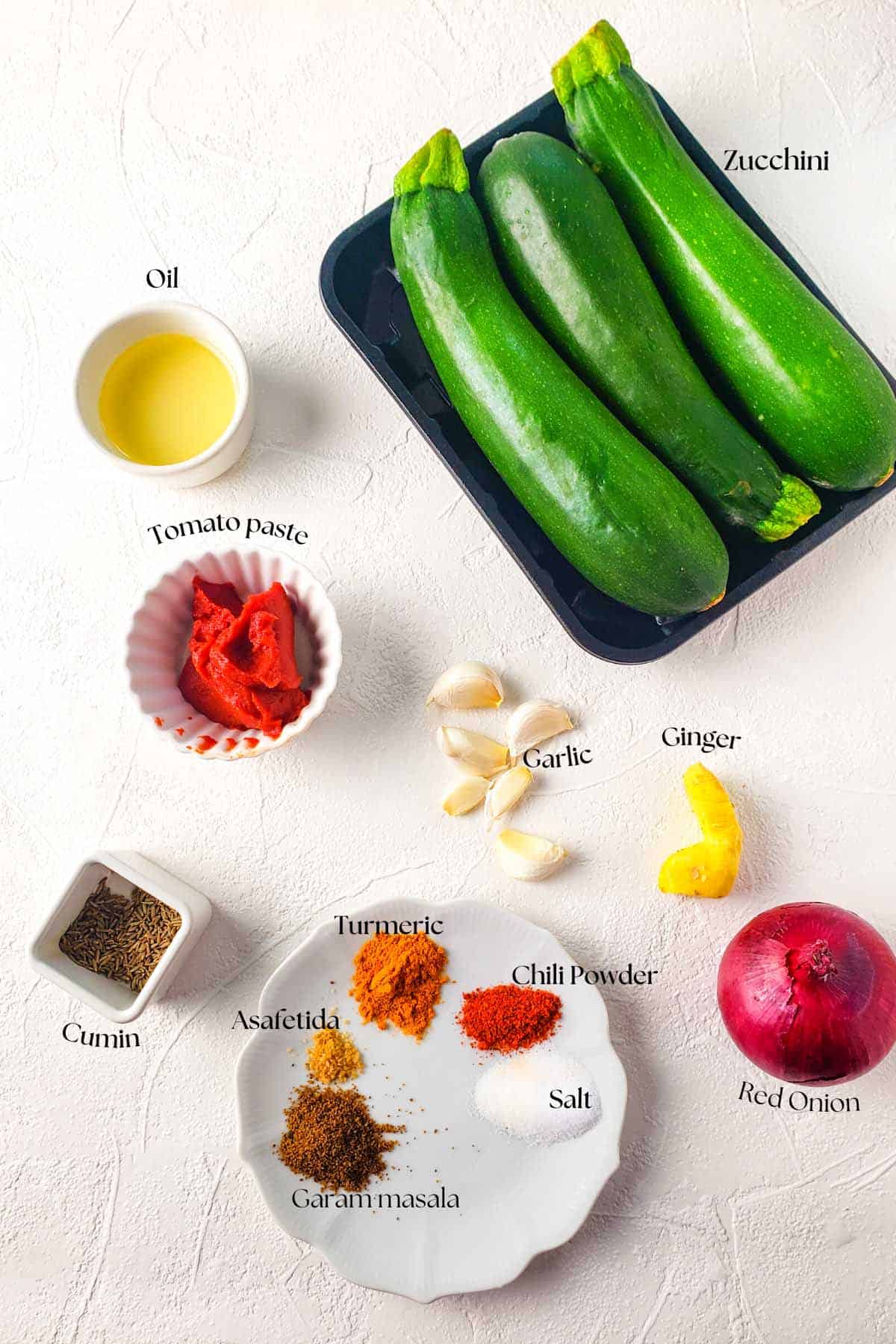 image showing all the ingredients required for making the indian zucchini sabji