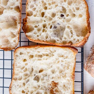 sourdough ciabatta rolls with sliced open crumb structure
