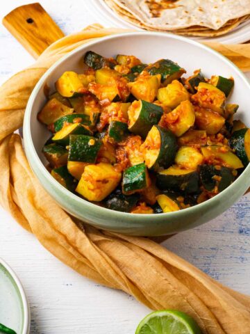 indian zucchini curry recipe served with roti