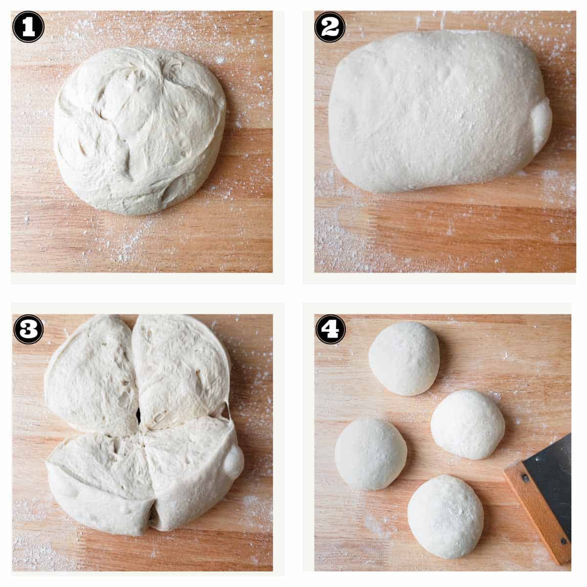 dividing the dough into 4 parts for the sourdough baguette recipe