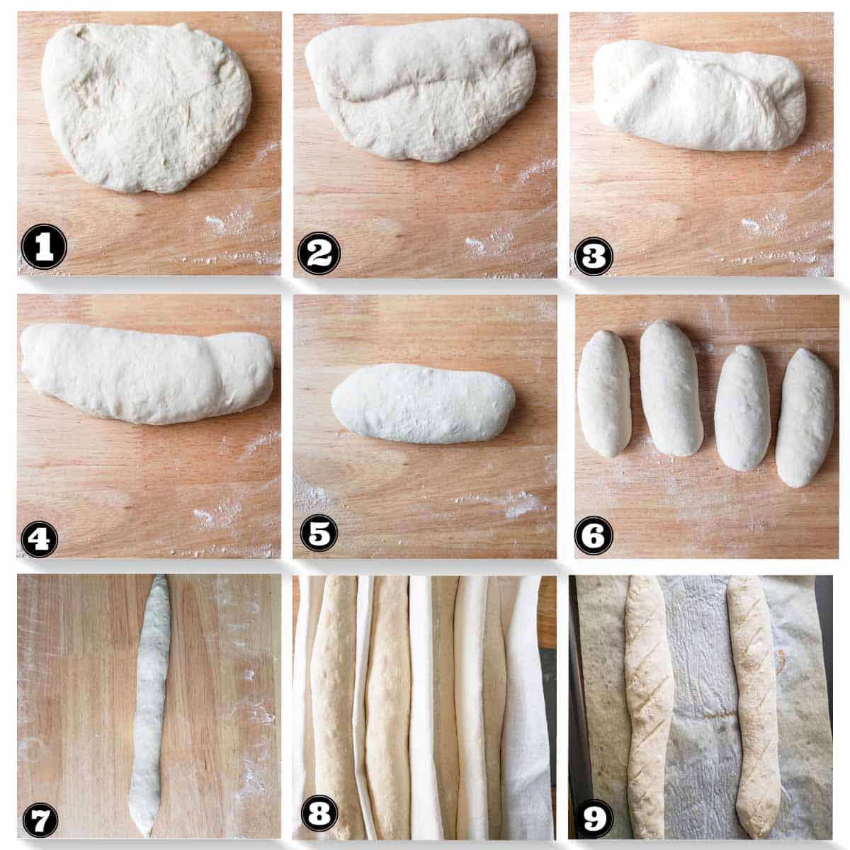 recipe images showing steps of shaping the sourdough baguette