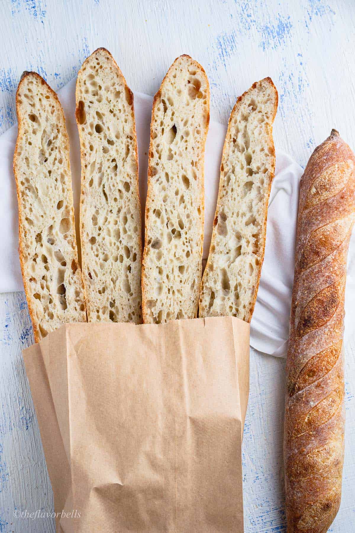 two baguettes sliced from the center to showcase the open crumb structure