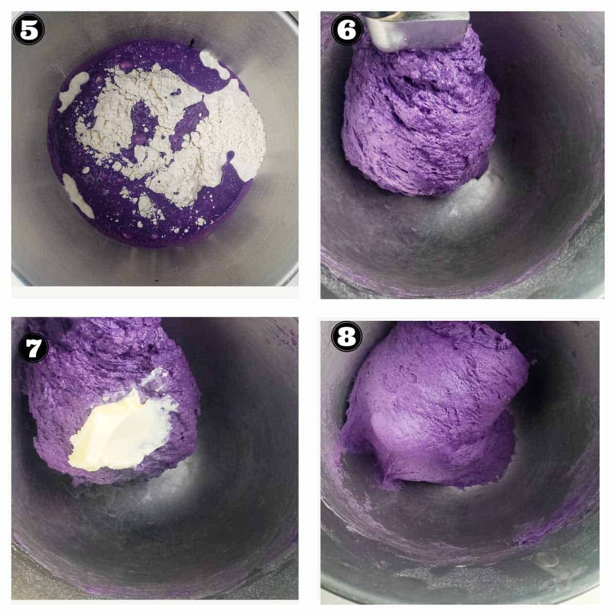 images showing step by step kneading process of ube dough