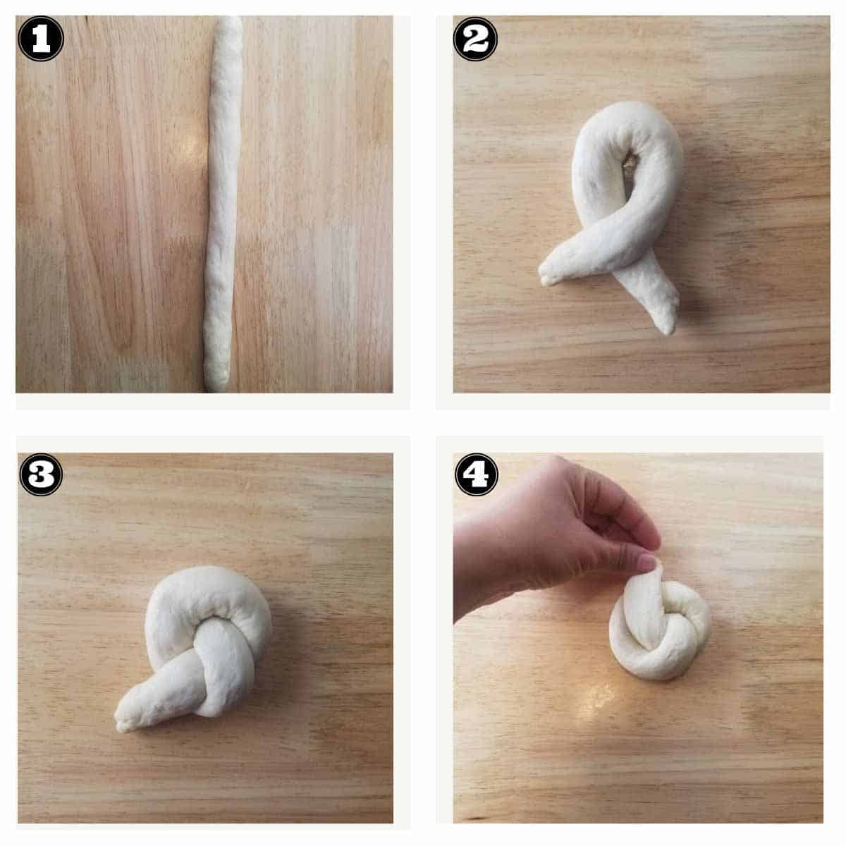 images showing the steps for shaping the perfectly braided challah roll