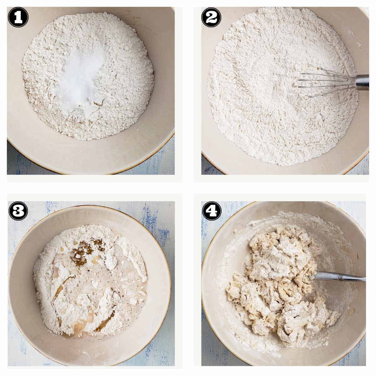 images showing combining ingredients to form a dough mass