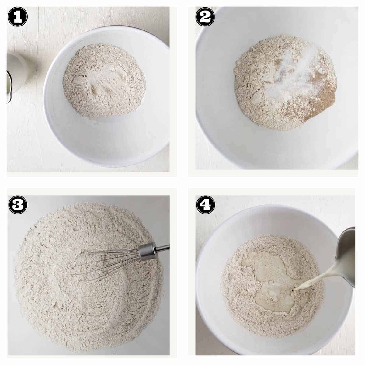 step by step images showing combining dry nad wet ingredients
