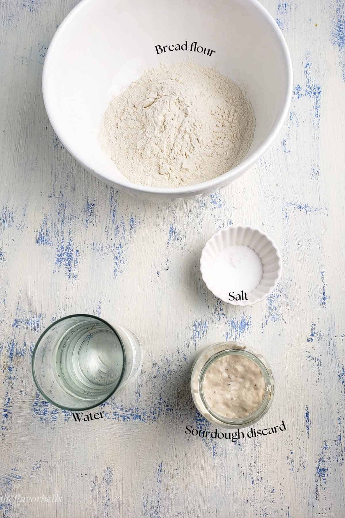 ingredients for making the sourdough bread using the refrigerated discard