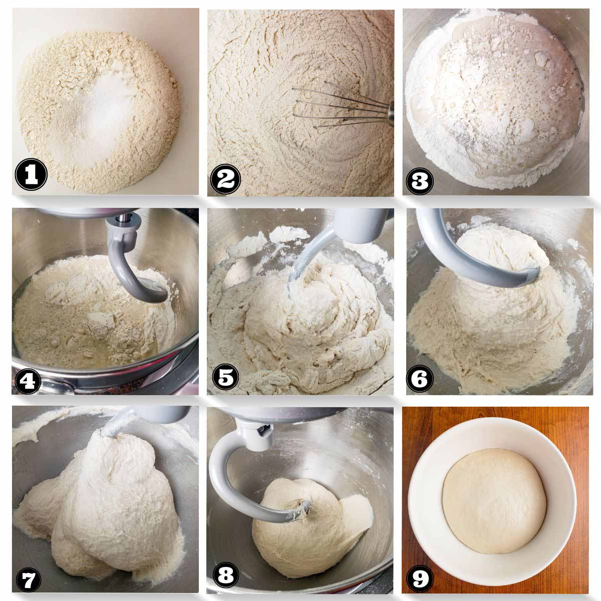 step by step images showing kneading the dough in the stand mixer