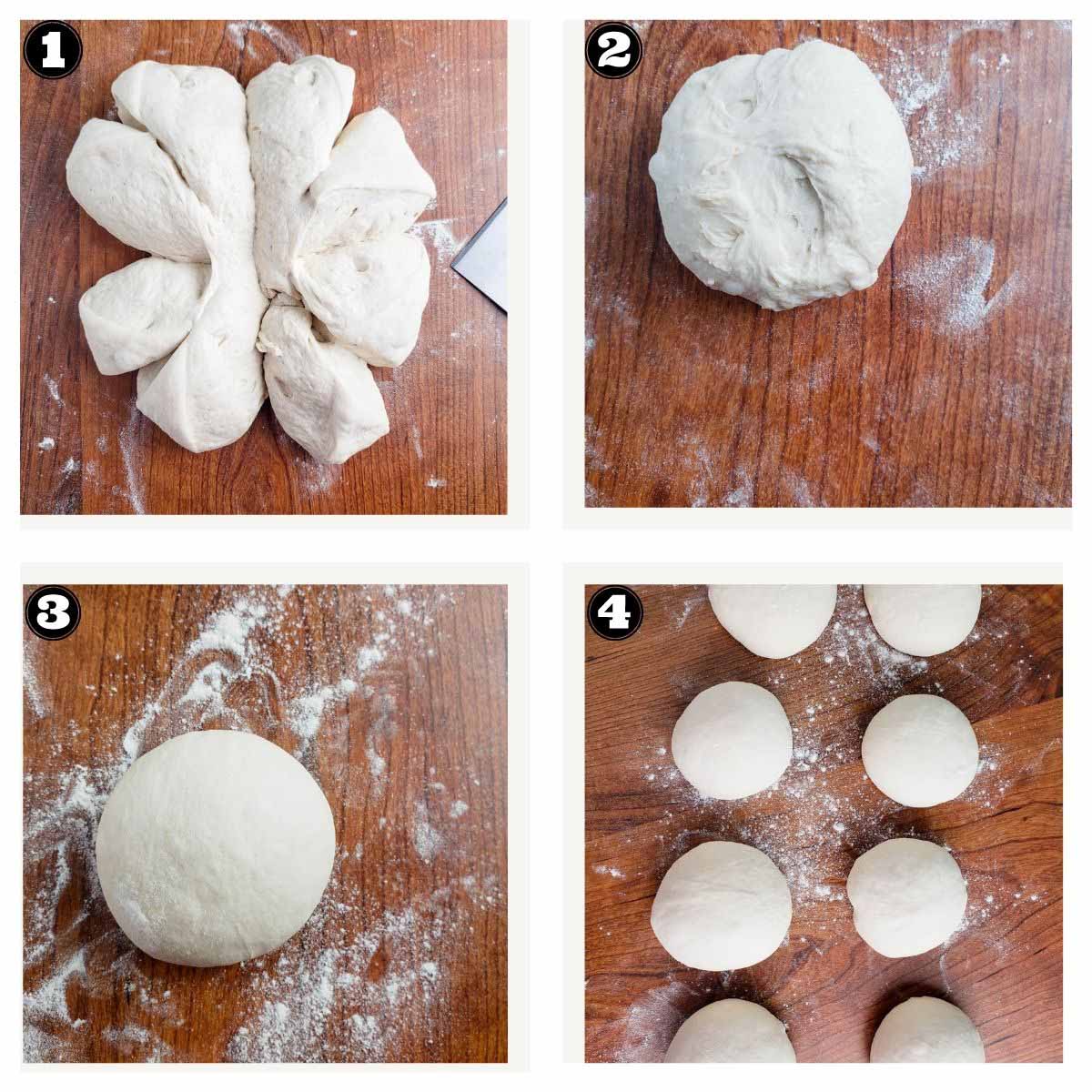 images showing dividing the dough into 8 equal dough pieces and then shaping them into rounds.
