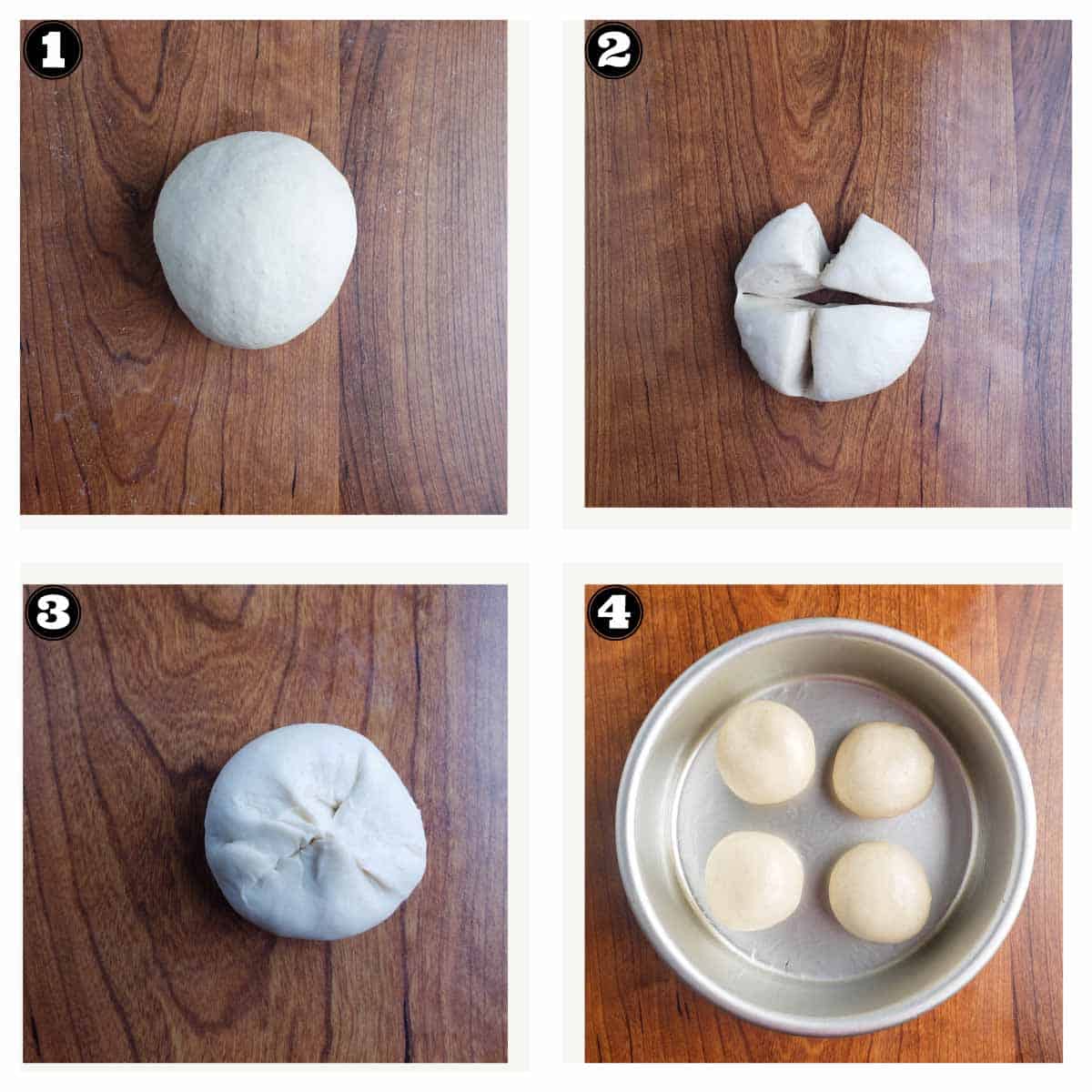 steps by step images of shaping dinner rolls for cooking in air fryer