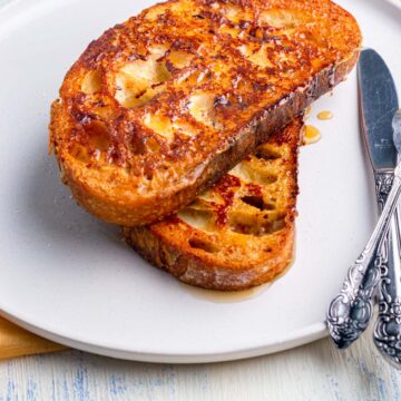 close shot of the french toast made with sourdough bread