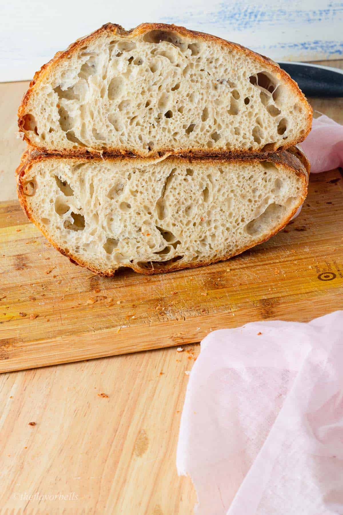 sourdough discard bread sliced from the center to show the crumbs