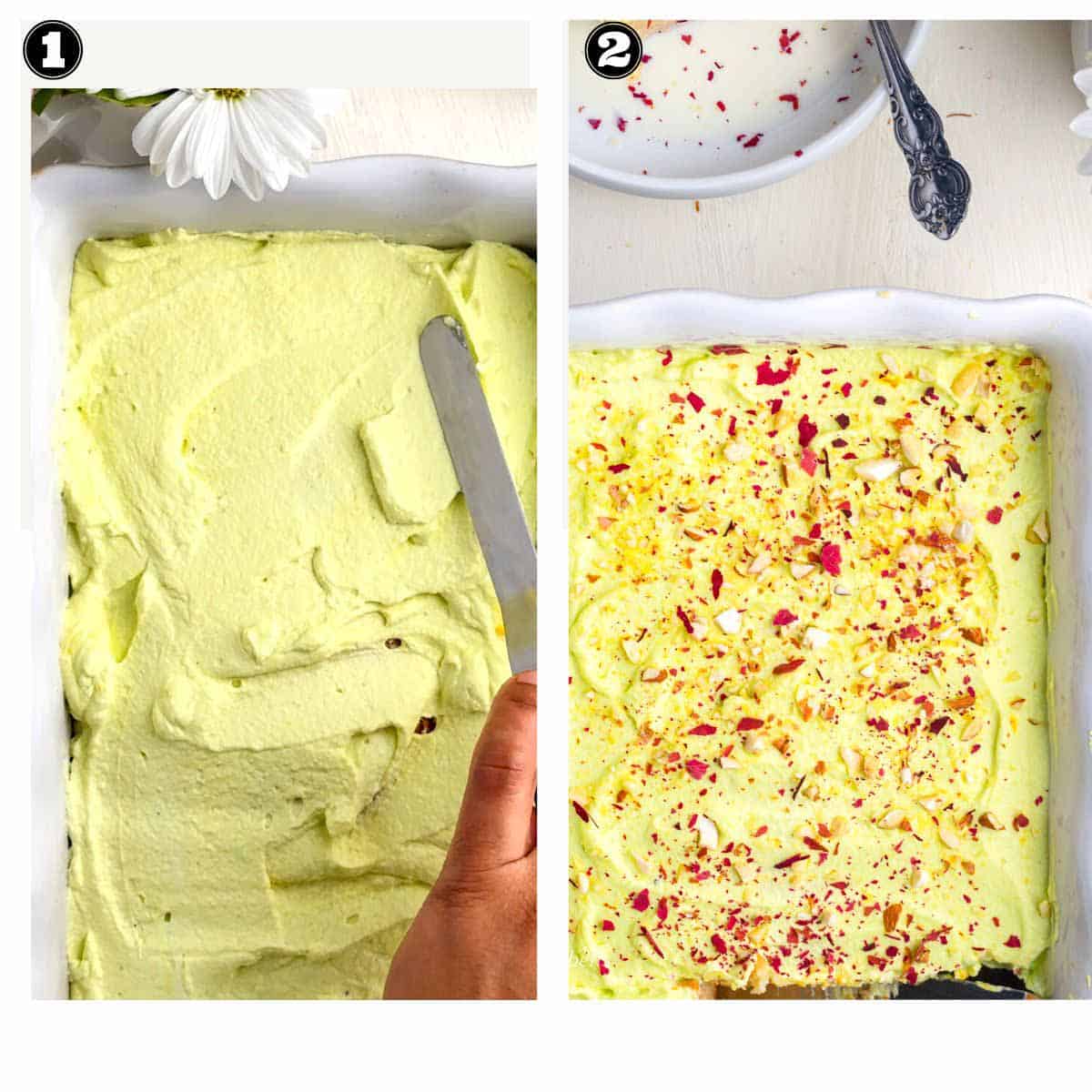 images of frosting the cake with saffron flavored whipping cream