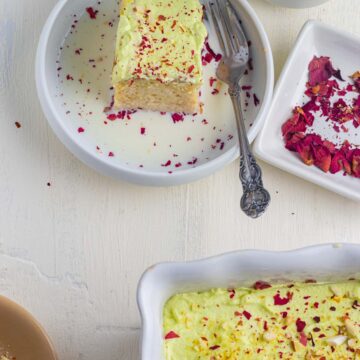overhead shot of the ras malai flavored cake